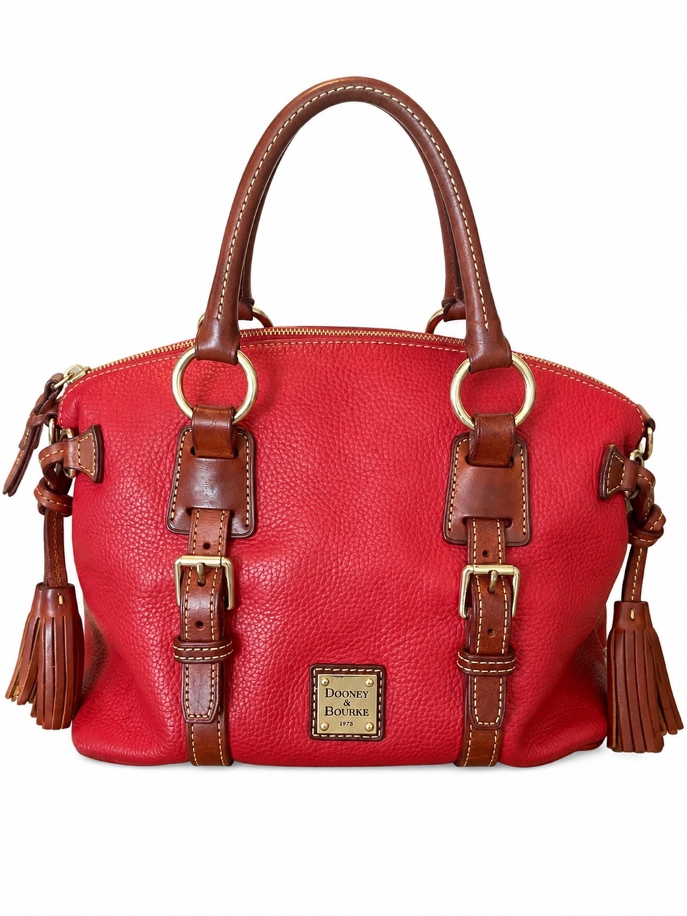 Dooney & Bourke Red Pebbled Leather Satchel with Brown Trim